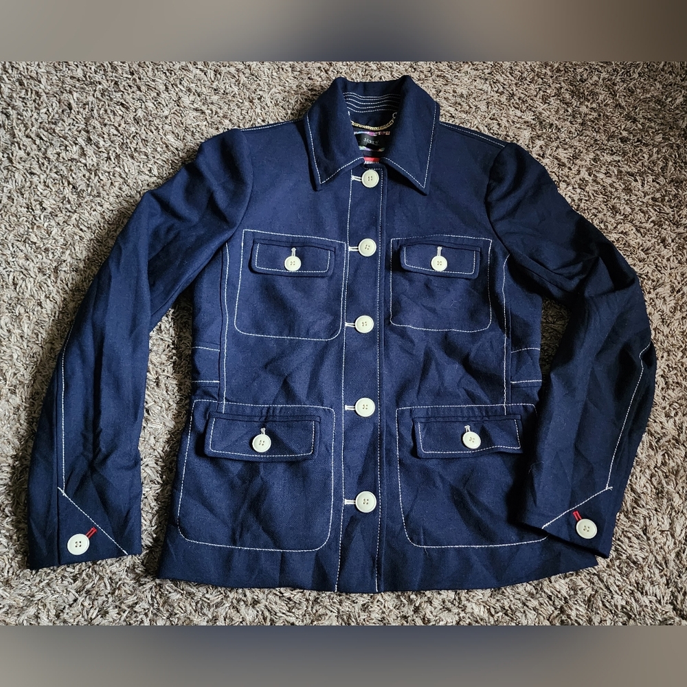 J.Crew Navy Button Up Wool Preppy Contrast Stitch Jacket Women's XS